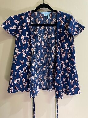 Draper James Blue Floral Linen True Wrap Top Women’s Size 0